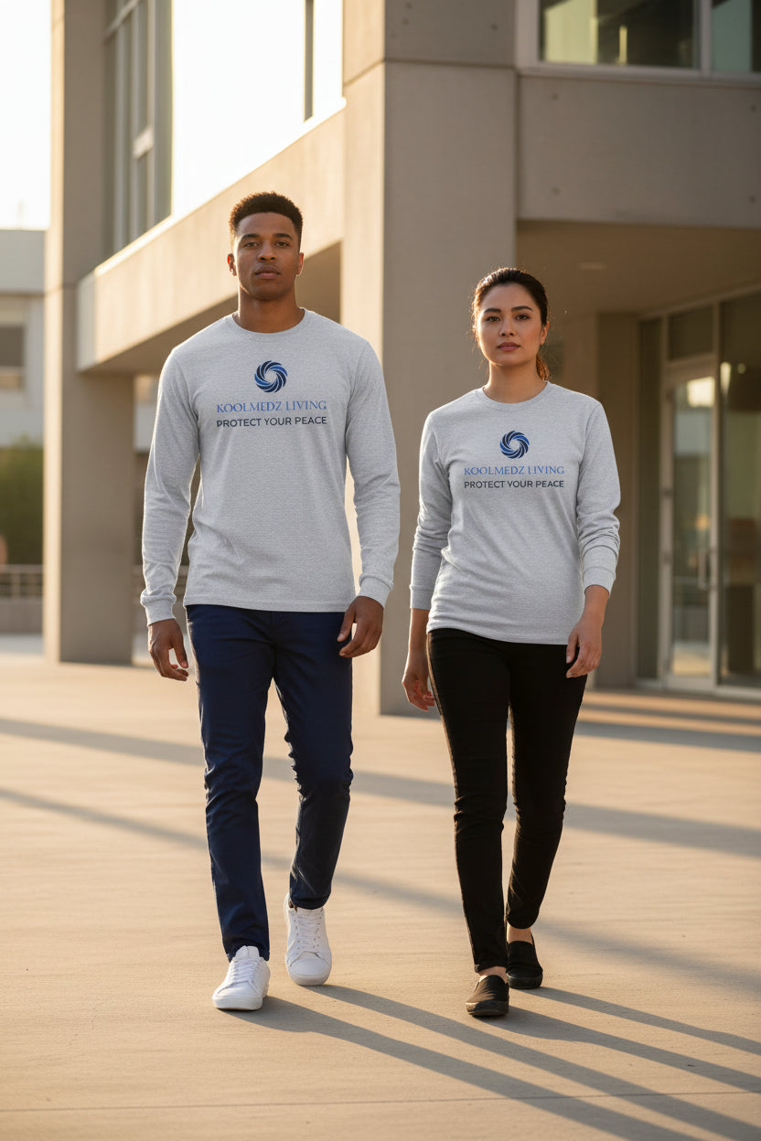 Sport grey unisex long sleeve crew-neck shirt with blue peace graphic on front