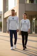 Sport grey unisex long sleeve crew-neck shirt with blue peace graphic on front