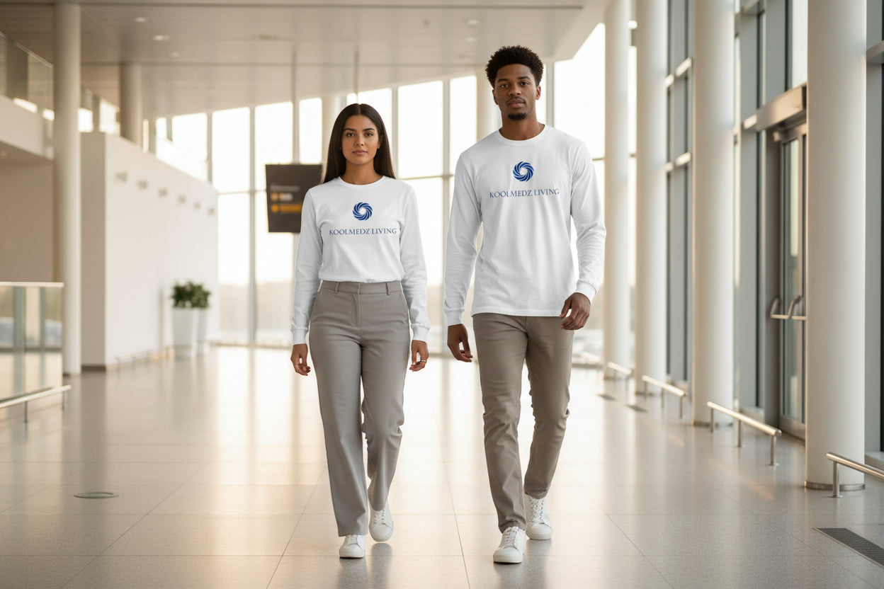 Unisex long sleeve shirt in white with blue logo print