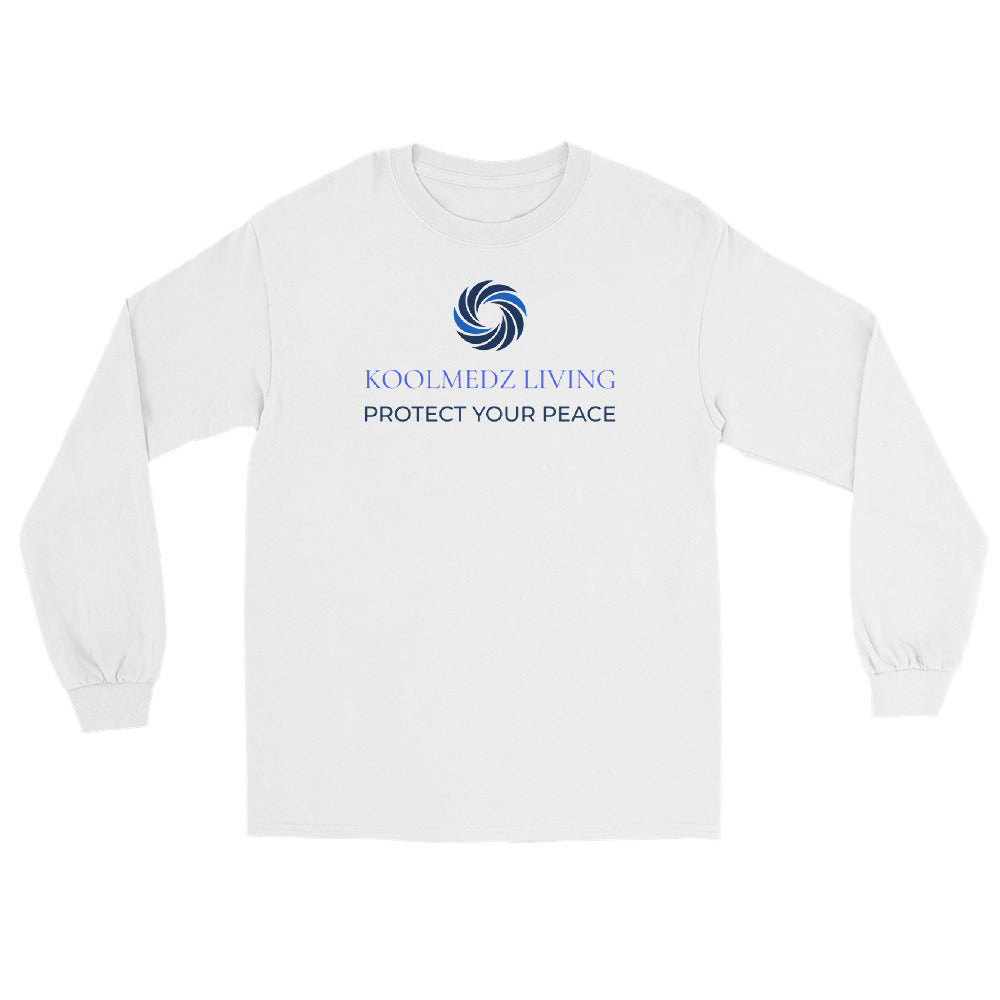 White unisex long sleeve crew-neck shirt with blue peace graphic on front