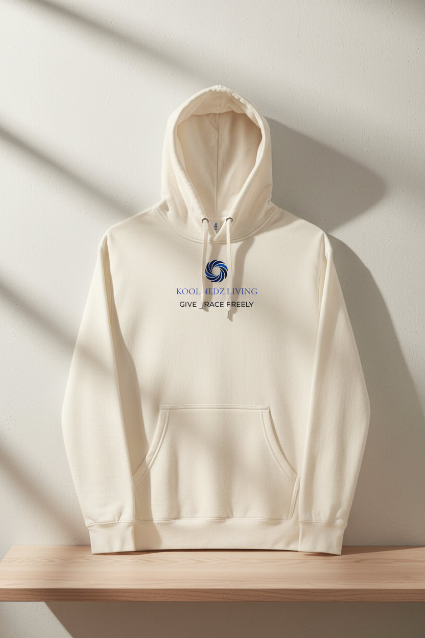 A cream-colored pullover hoodie with a blue circular logo and the text 'KNOWLEDGE LIVING' and 'GIVE FREE JAZZ' on the chest, displayed against a solid white background.