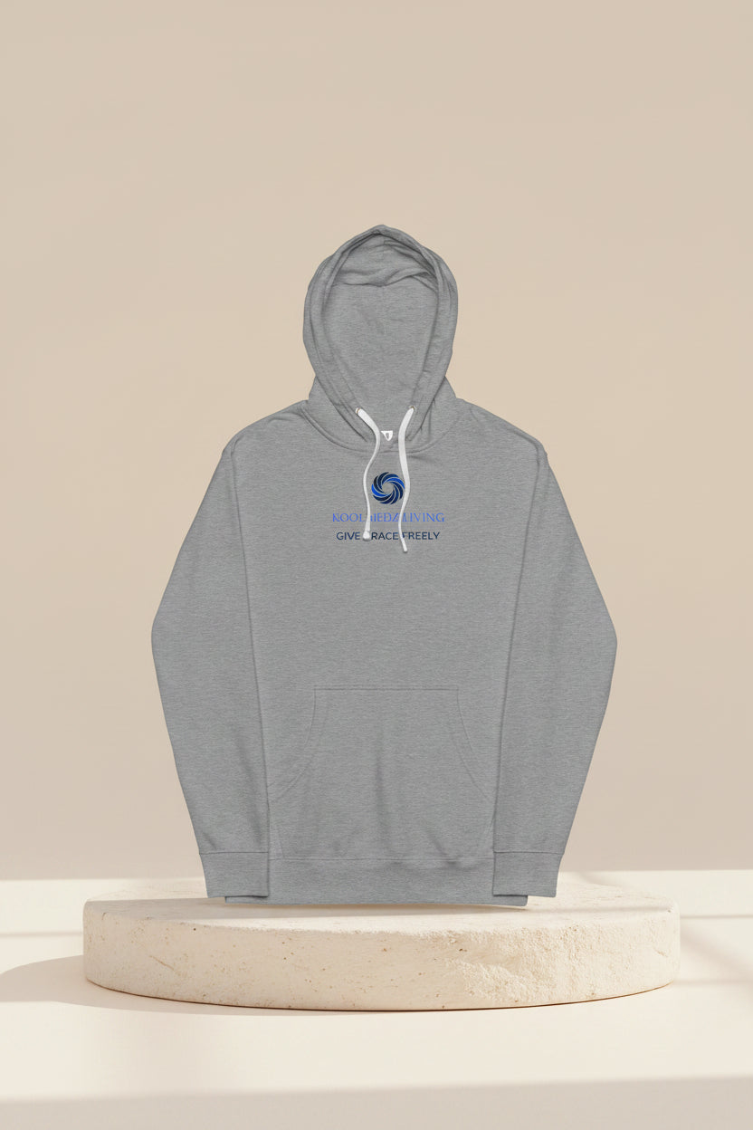 Gray hoodie with 'It is finished' text on a white background