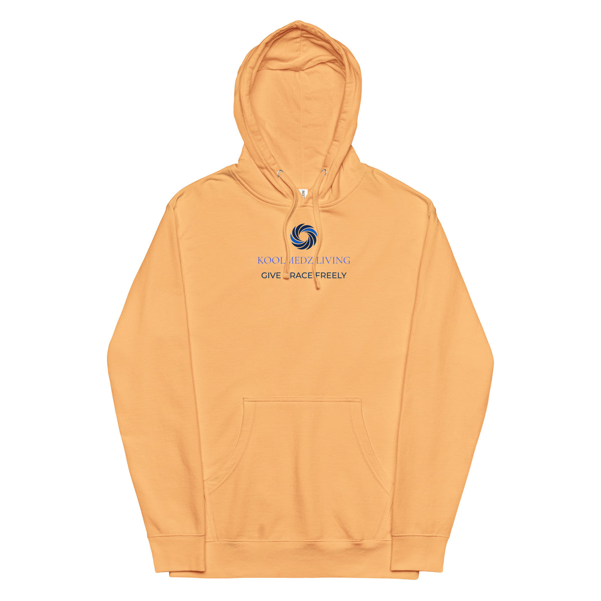 A peach-colored pullover hoodie with a front kangaroo pocket and a blue circular logo on the center chest that reads 'KOOLMEDZLIVING' and 'GIVE  GRACE FREELY'.
