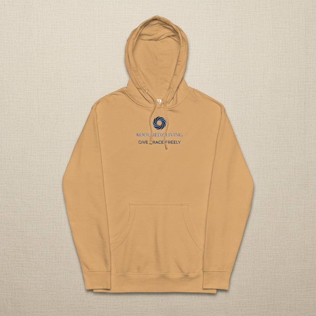 A tan pullover hoodie with a front kangaroo pocket and a blue circular logo on the chest that reads 'NOLA JAZZ FAMILY GIVE JUICE FREELY', shown on a plain white background.