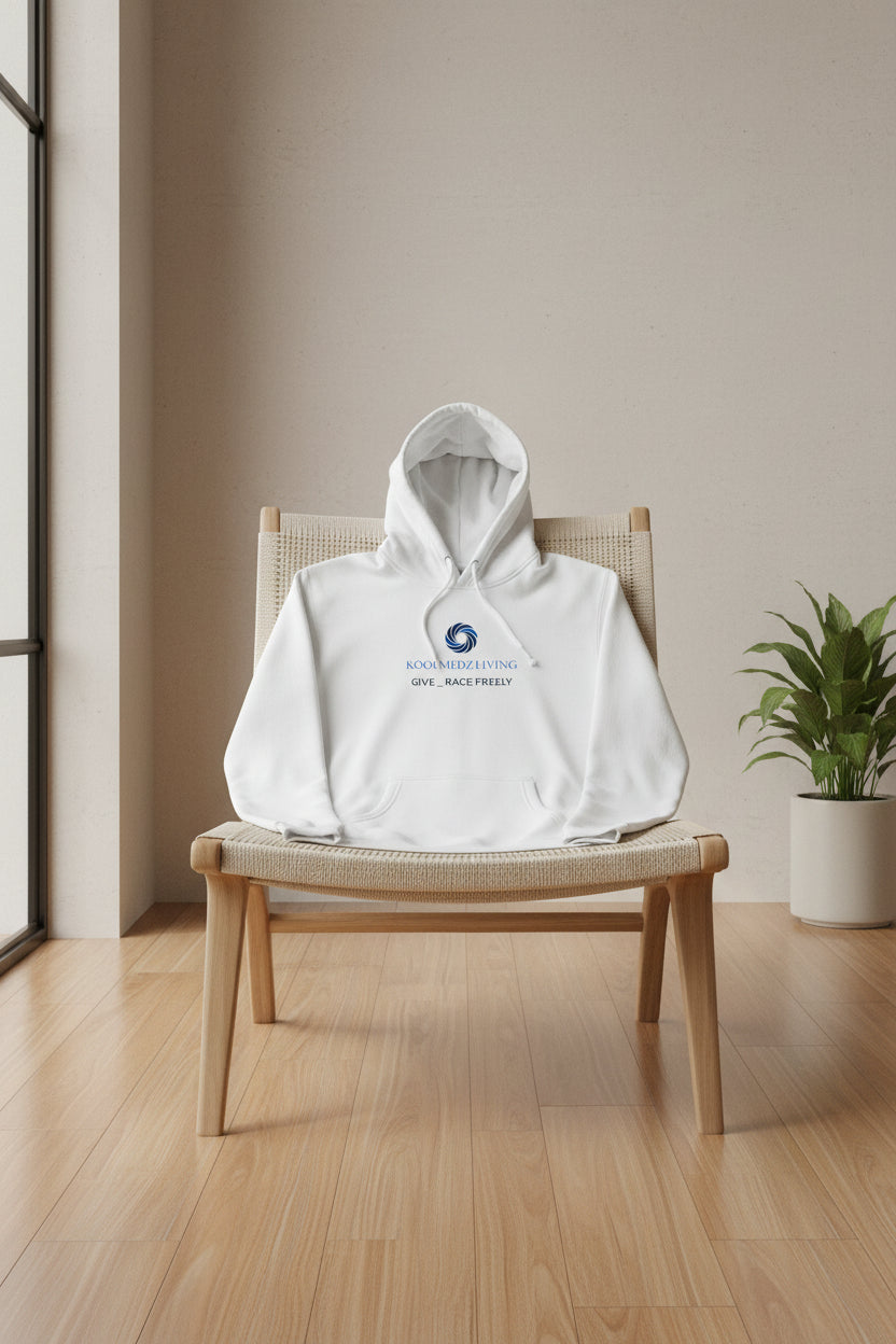 A white pullover hoodie with a blue circular logo and the text 'KNOWLEDGE LIVING' and 'GIVE FREE JUDICE' printed on the center chest, displayed on a solid white background.