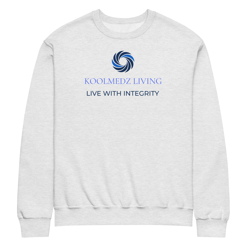 A ash crewneck sweatshirt featuring a blue circular swirl logo and the text 'KOOLMEDZ LIVING' and 'LIVE WITH INTEGRITY' printed on the chest.