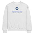 A ash crewneck sweatshirt featuring a blue circular swirl logo and the text 'KOOLMEDZ LIVING' and 'LIVE WITH INTEGRITY' printed on the chest.
