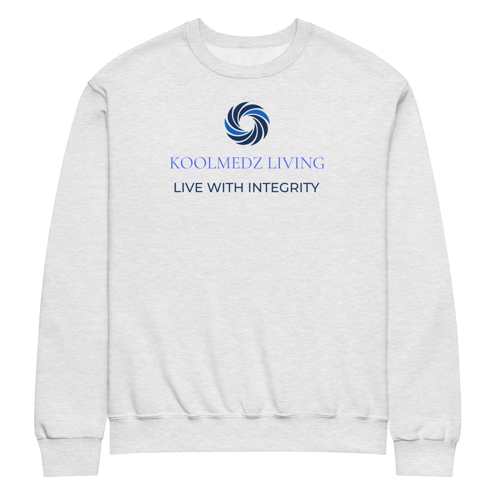 A ash crewneck sweatshirt featuring a blue circular swirl logo and the text 'KOOLMEDZ LIVING' and 'LIVE WITH INTEGRITY' printed on the chest.