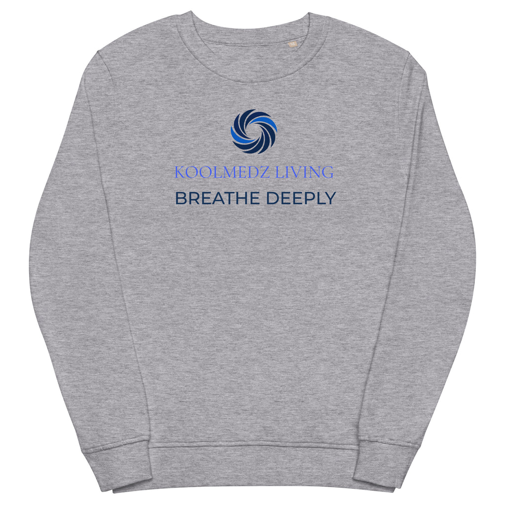 Grey melange unisex organic sweatshirt with blue logo and slogan on front