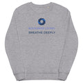 Grey melange unisex organic sweatshirt with blue logo and slogan on front