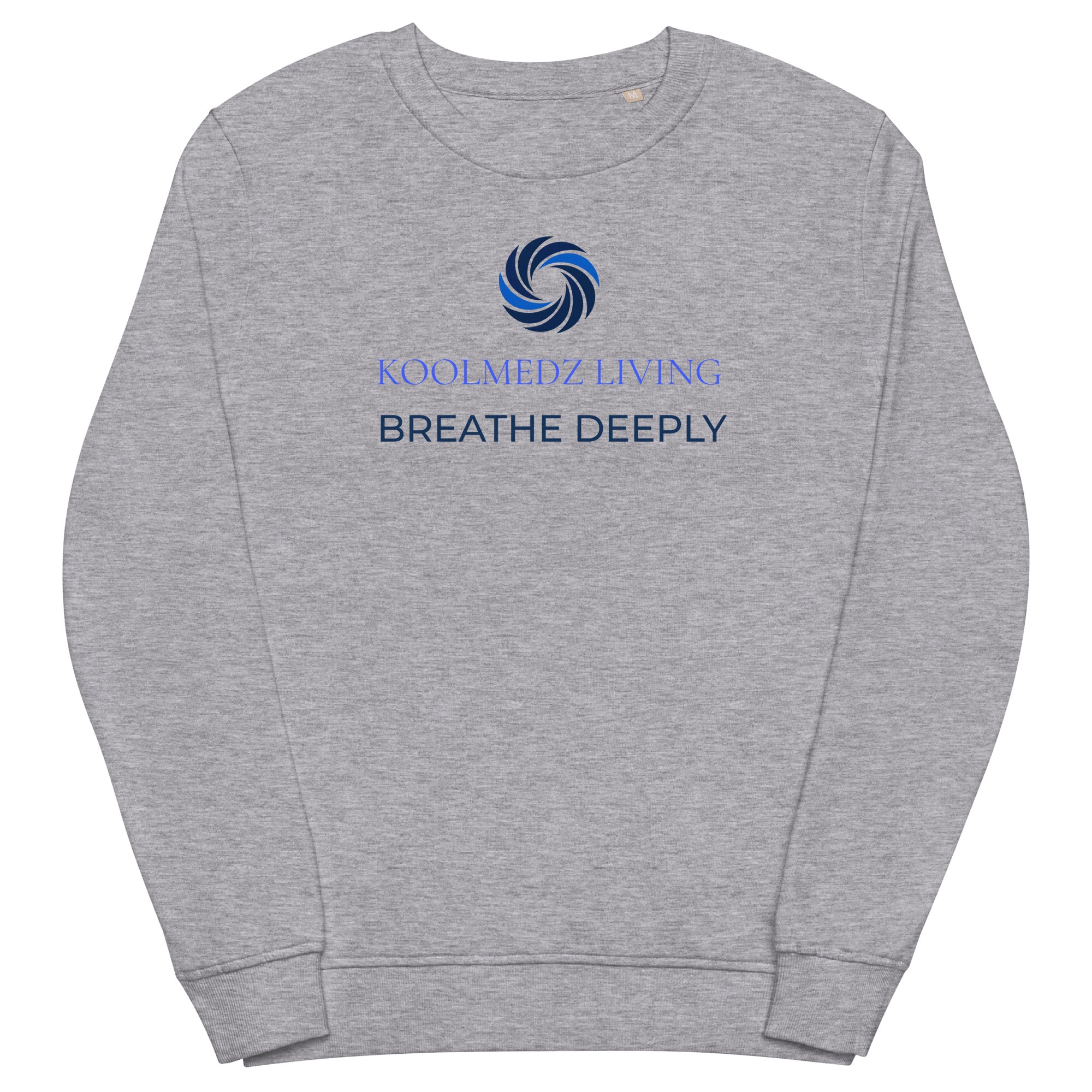 Grey melange unisex organic sweatshirt with blue logo and slogan on front