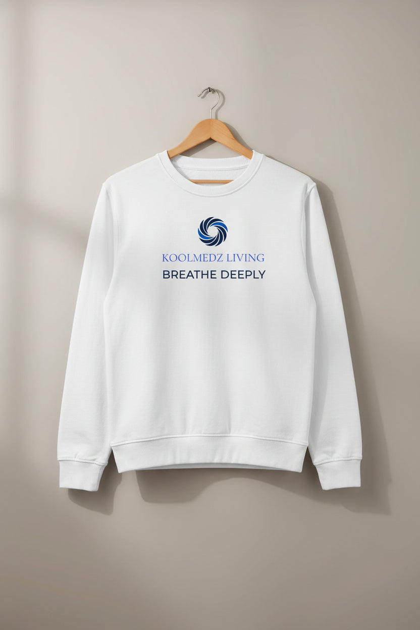 White unisex organic sweatshirt with blue logo and slogan on front