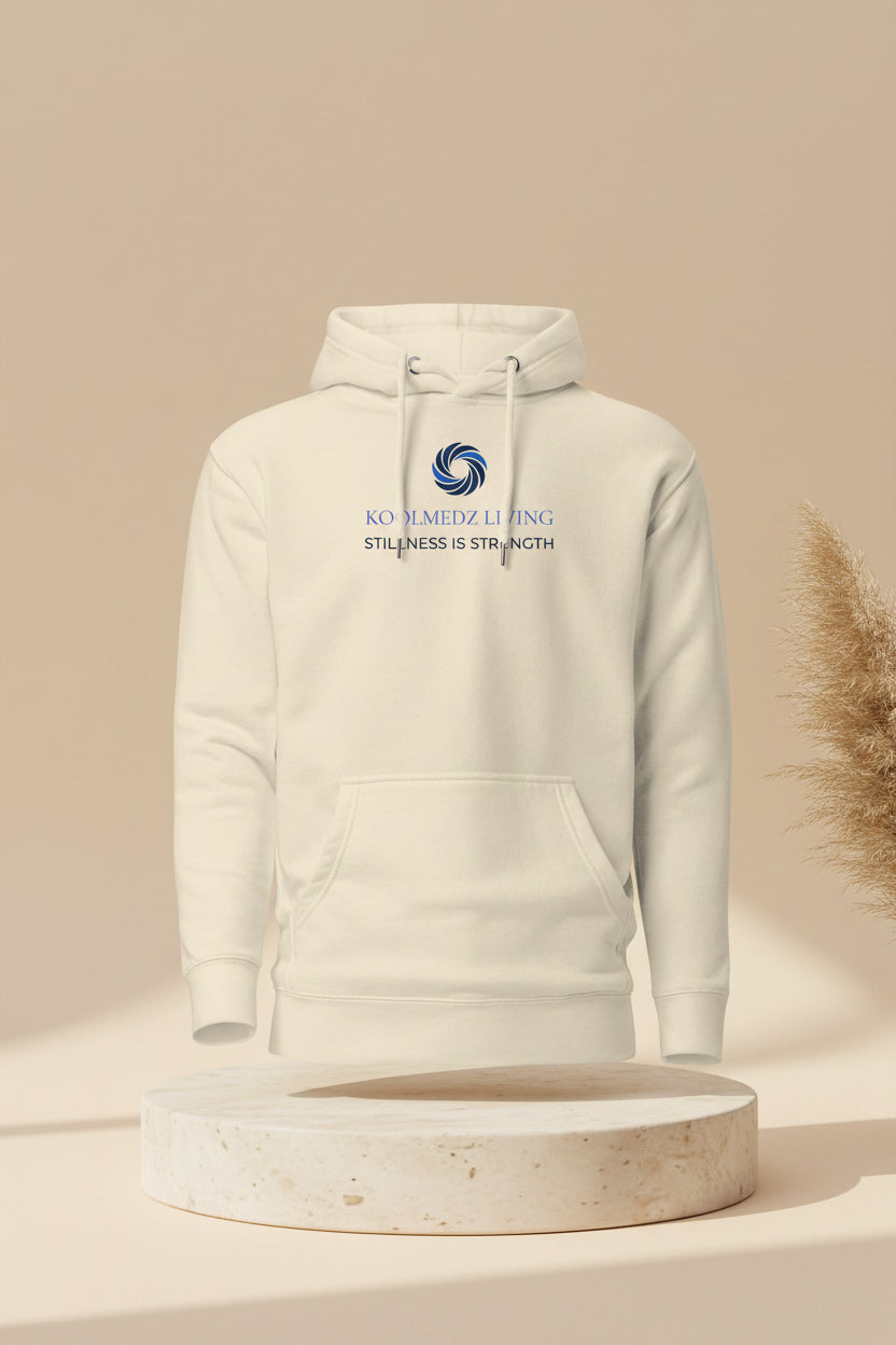 Bone unisex hoodie with hood, drawstrings, kangaroo pocket, and chest logo