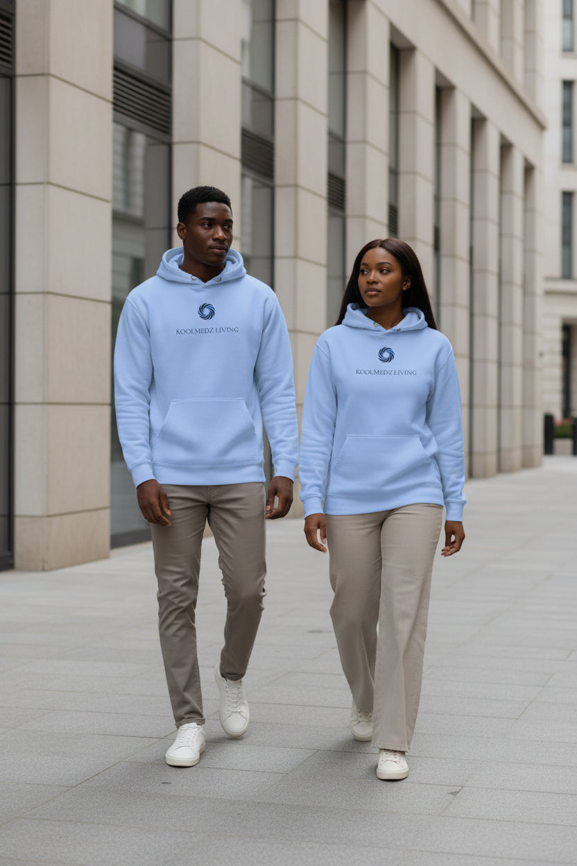 Unisex pullover hoodie in light blue, with front kangaroo pocket and drawstring hood