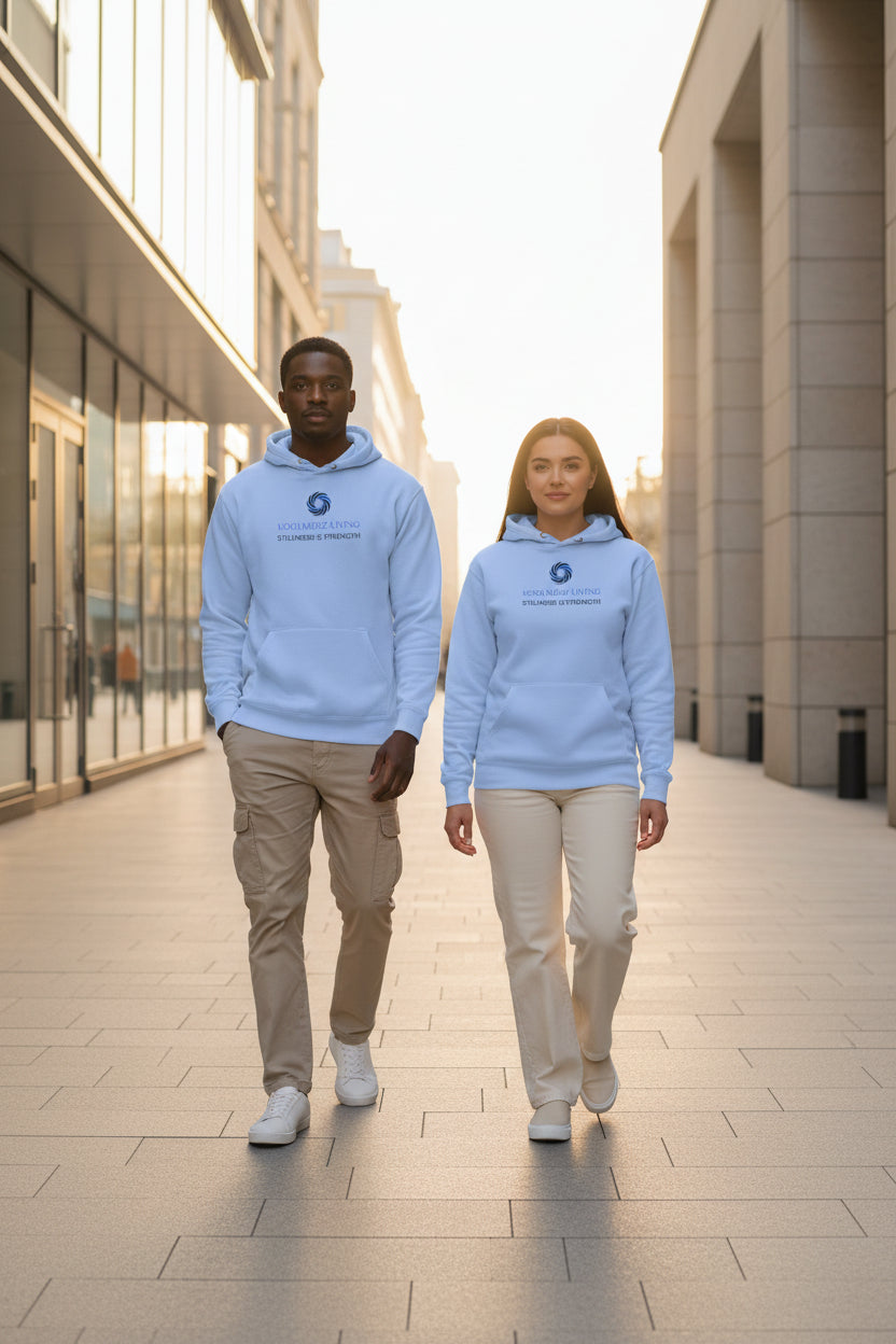 Periwinkle unisex hoodie with hood, drawstrings, kangaroo pocket, and chest logo