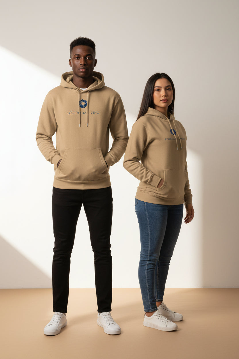 Unisex pullover hoodie in beige, with drawstring hood and front kangaroo pocket