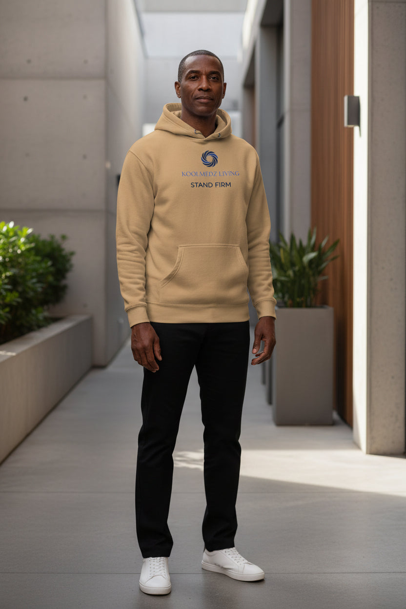 khaki hoodie with Koolmedz Living logo on a white background