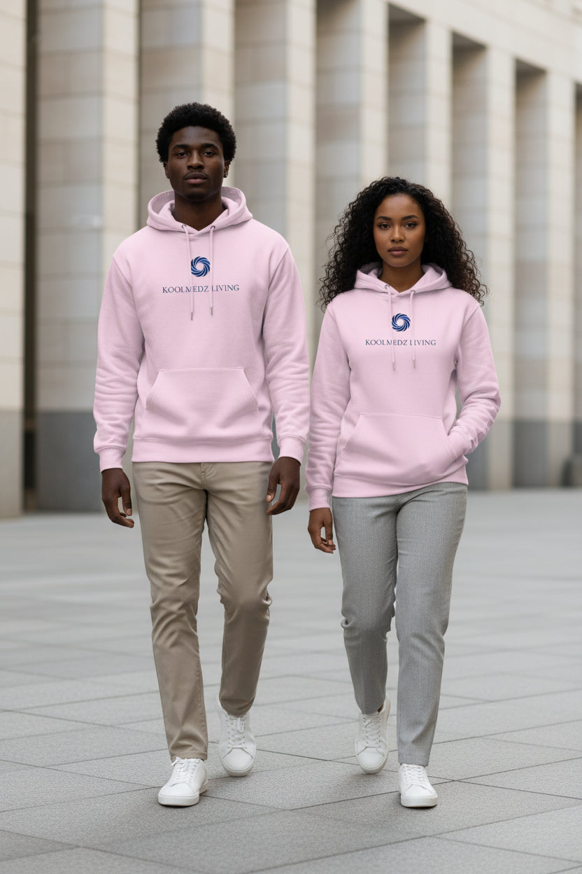 Unisex pullover hoodie in light pink, with front kangaroo pocket and drawstring hood