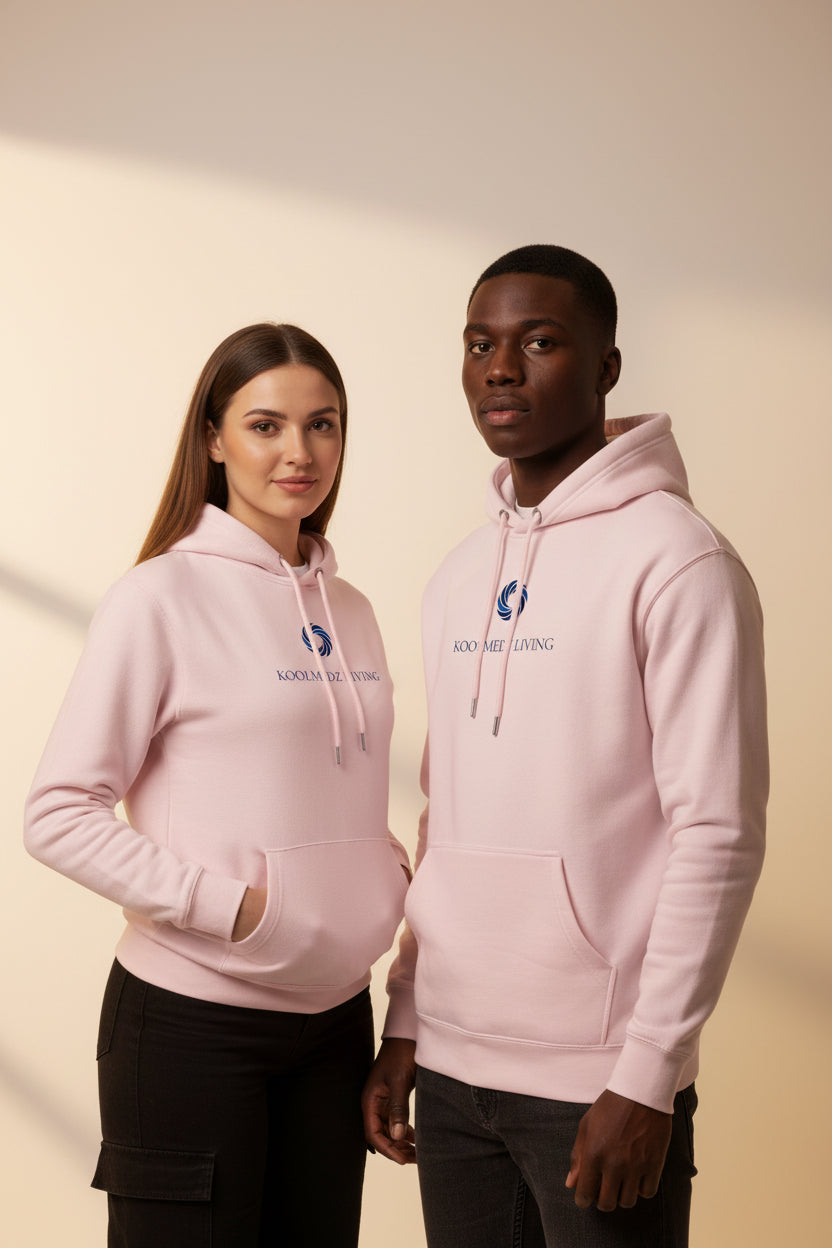Unisex pullover hoodie in light pink, with drawstring hood and front kangaroo pocket