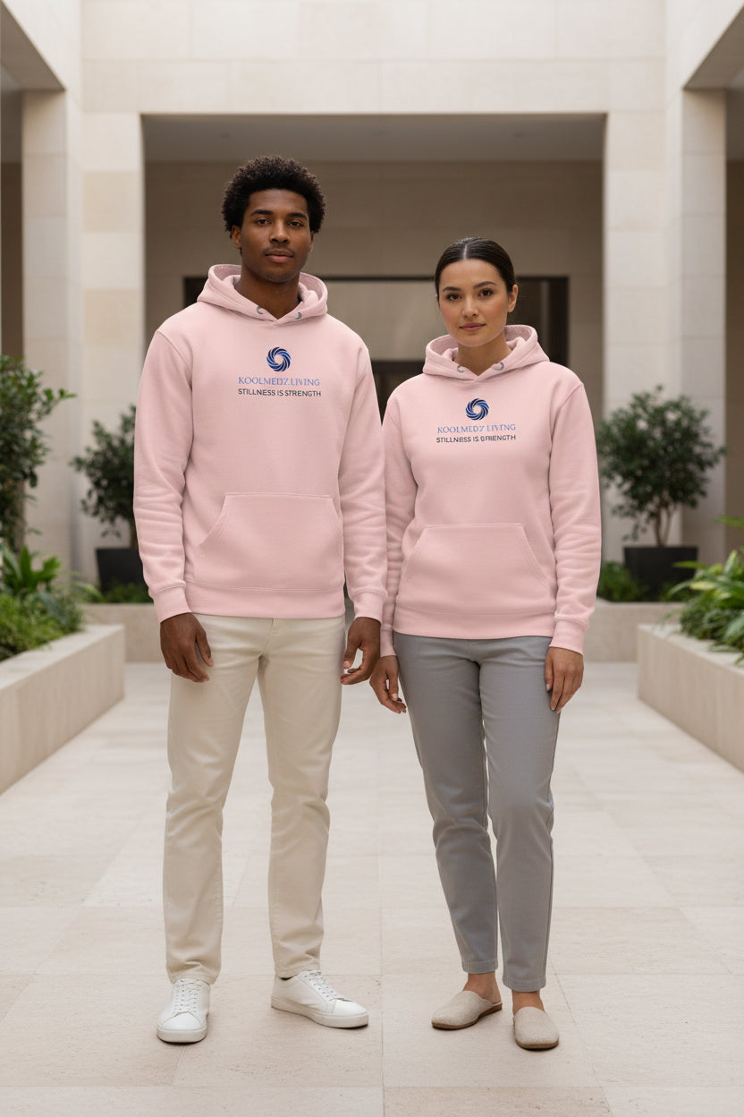 Light pink unisex hoodie with hood, drawstrings, kangaroo pocket, and chest logo
