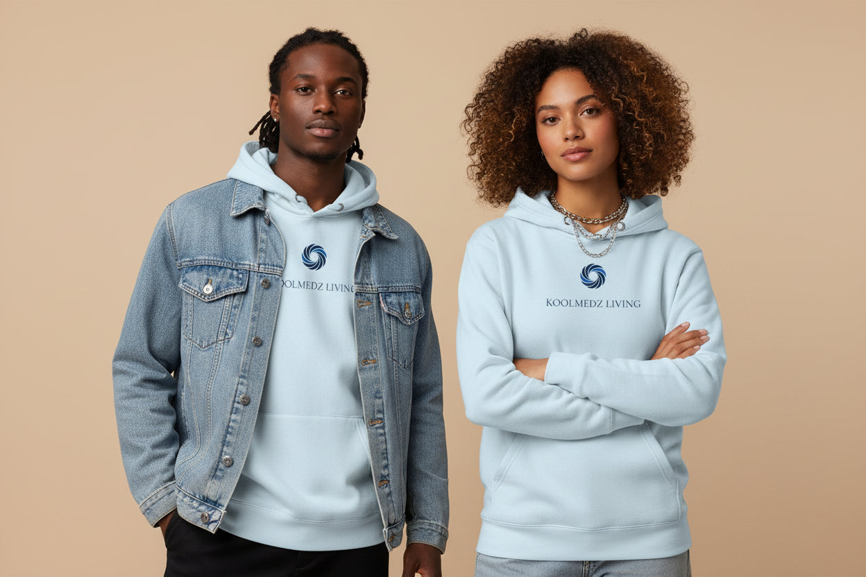 Unisex pullover hoodie in light blue, with drawstring hood and front kangaroo pocket