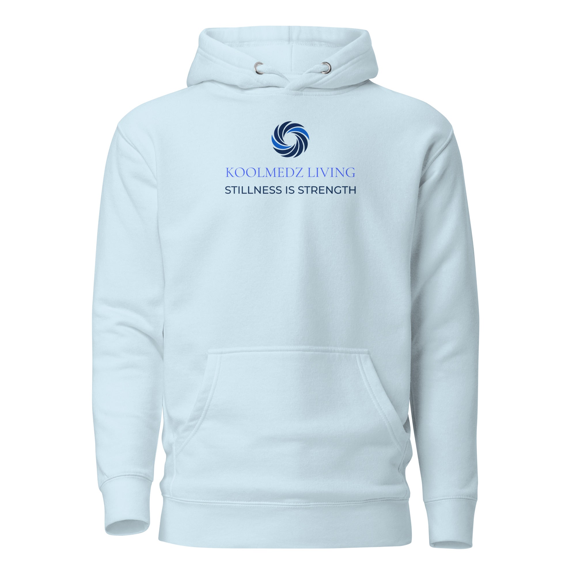 Sky blue unisex hoodie with hood, drawstrings, kangaroo pocket, and chest logo