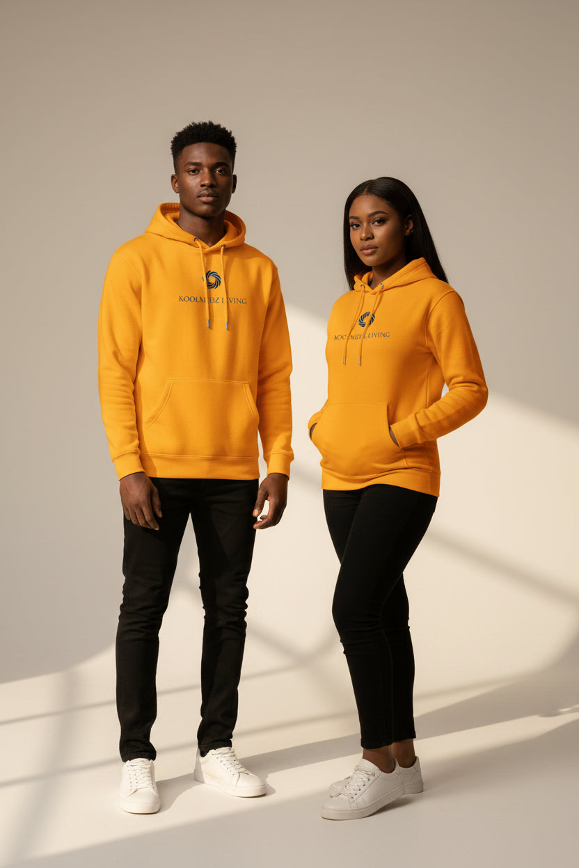 Unisex pullover hoodie in golden yellow, with front kangaroo pocket and drawstring hood