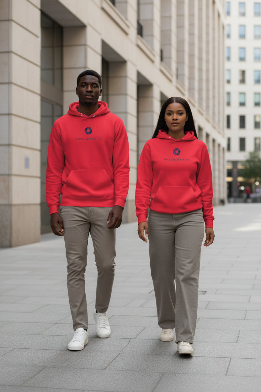 Unisex pullover hoodie in red, with front kangaroo pocket and drawstring hood