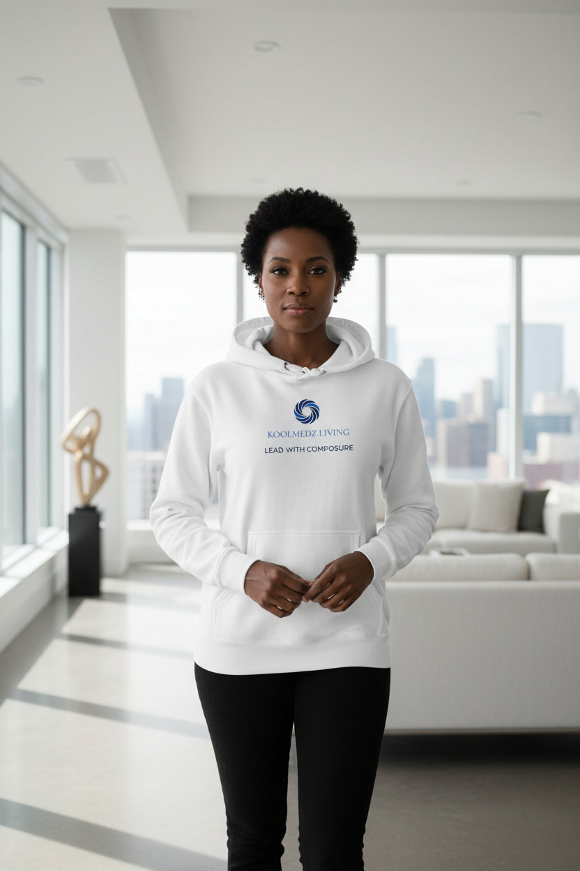 White unisex pullover hoodie with hood, pouch pocket, and long sleeves