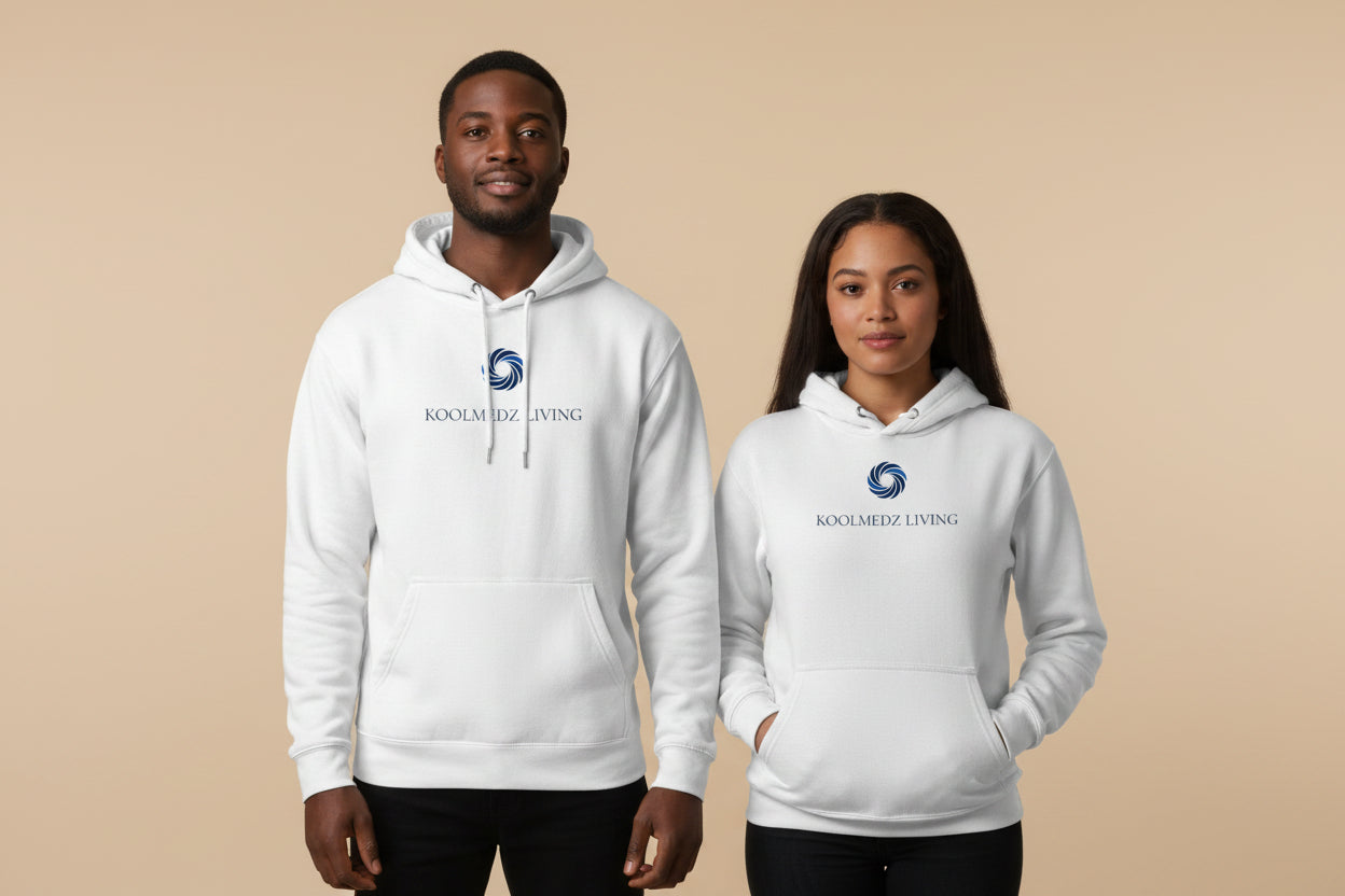 Unisex white pullover hoodie with adjustable hood and kangaroo front pocket