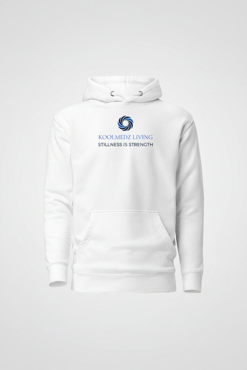 White unisex hoodie with hood, drawstrings, kangaroo pocket, and chest logo