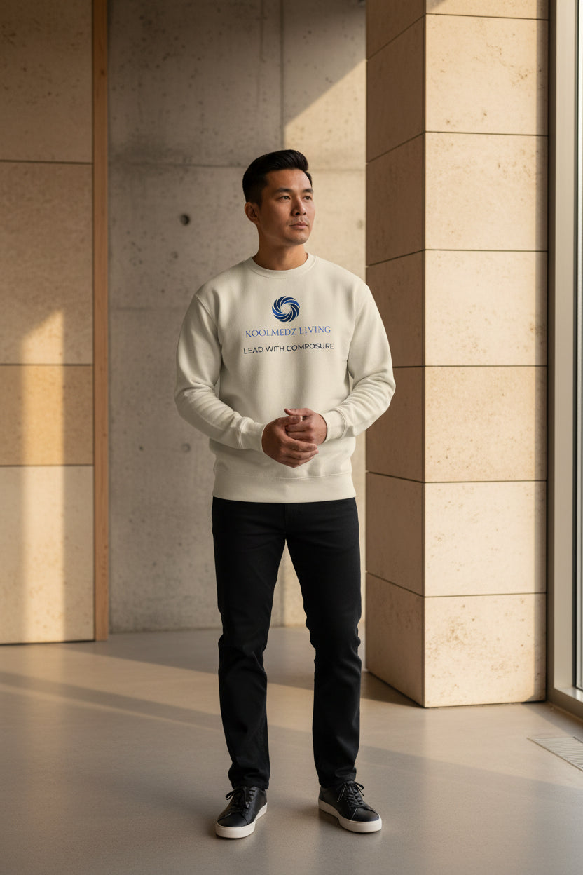 White crewneck unisex sweatshirt with front logo graphic and long sleeves