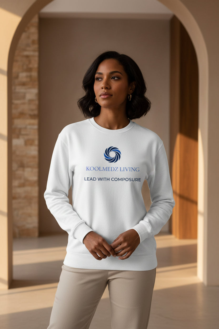 White crewneck unisex sweatshirt with front logo text and long sleeves