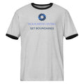 A light heather gray ringer t-shirt with black trim on the collar and sleeve cuffs, featuring a blue circular logo and the text 'KOOLMEDZ LIVING' and 'SET BOUNDARIES' printed on the chest.