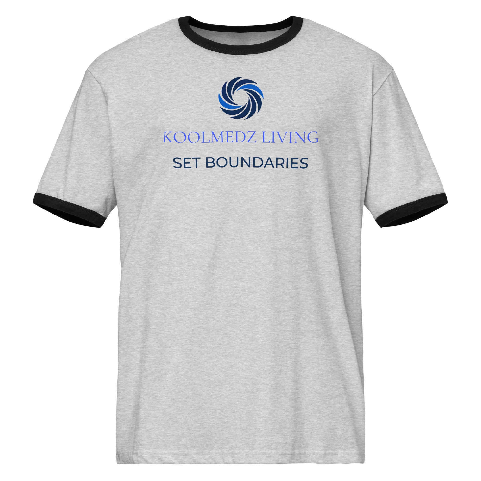 A light heather gray ringer t-shirt with black trim on the collar and sleeve cuffs, featuring a blue circular logo and the text 'KOOLMEDZ LIVING' and 'SET BOUNDARIES' printed on the chest.