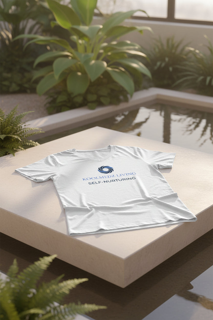 A white short-sleeve V-neck t-shirt with a blue and navy graphic on the chest reading 'KOOLMEDZ LIVING SELF-NURTURING' with a circular swirl logo, shown on a plain white background.
