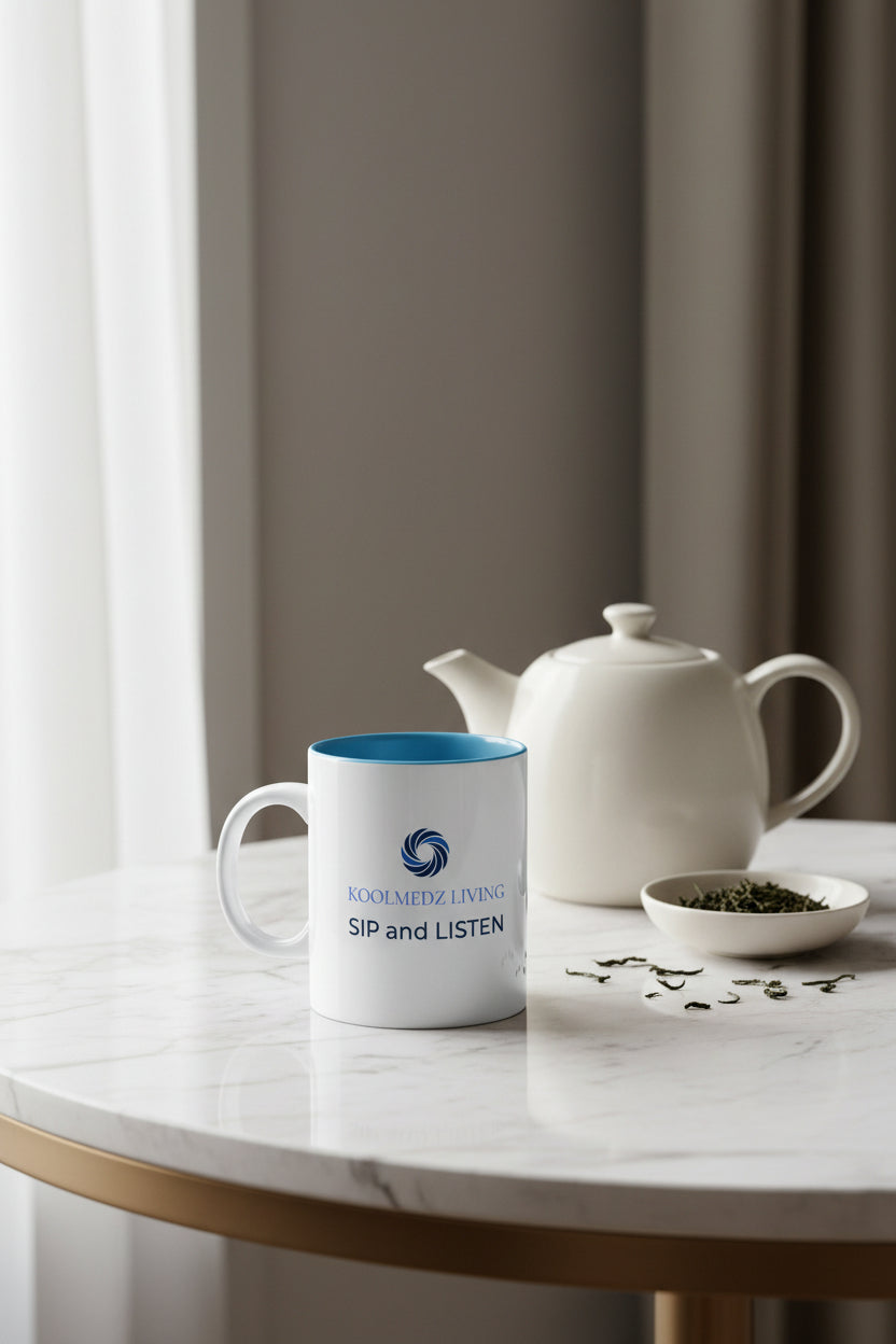 KoolMedz Living color-inside mug with blue interior and 'Sip and Listen' text