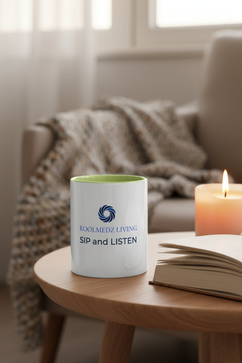 KoolMedz Living color-inside mug with green interior and 'Sip and Listen' text