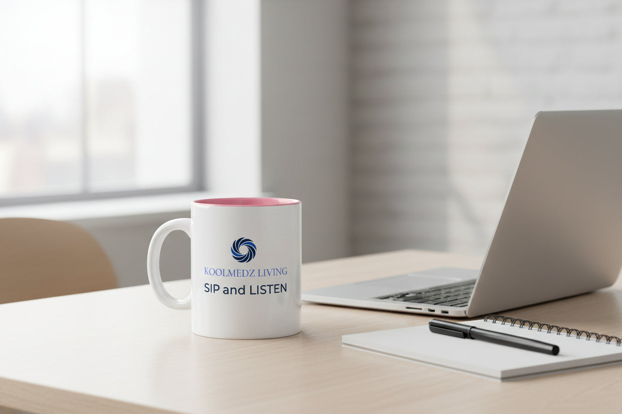 KoolMedz Living color-inside mug with pink interior and 'Sip and Listen' text