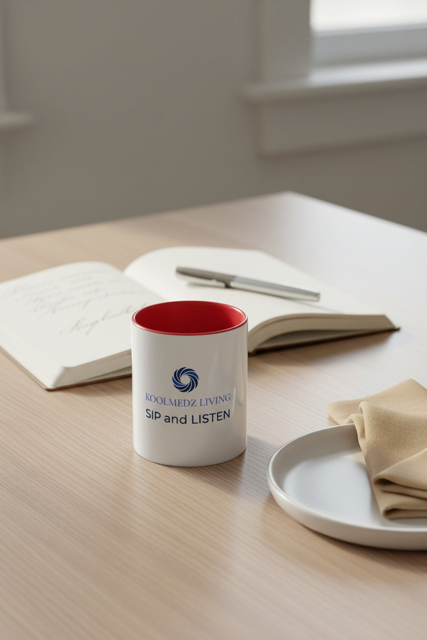 KoolMedz Living color-inside mug with red interior and 'Sip and Listen' text