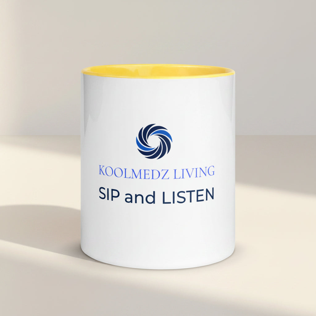KoolMedz Living color-inside mug with yellow interior, logo and 'Sip and Listen' text