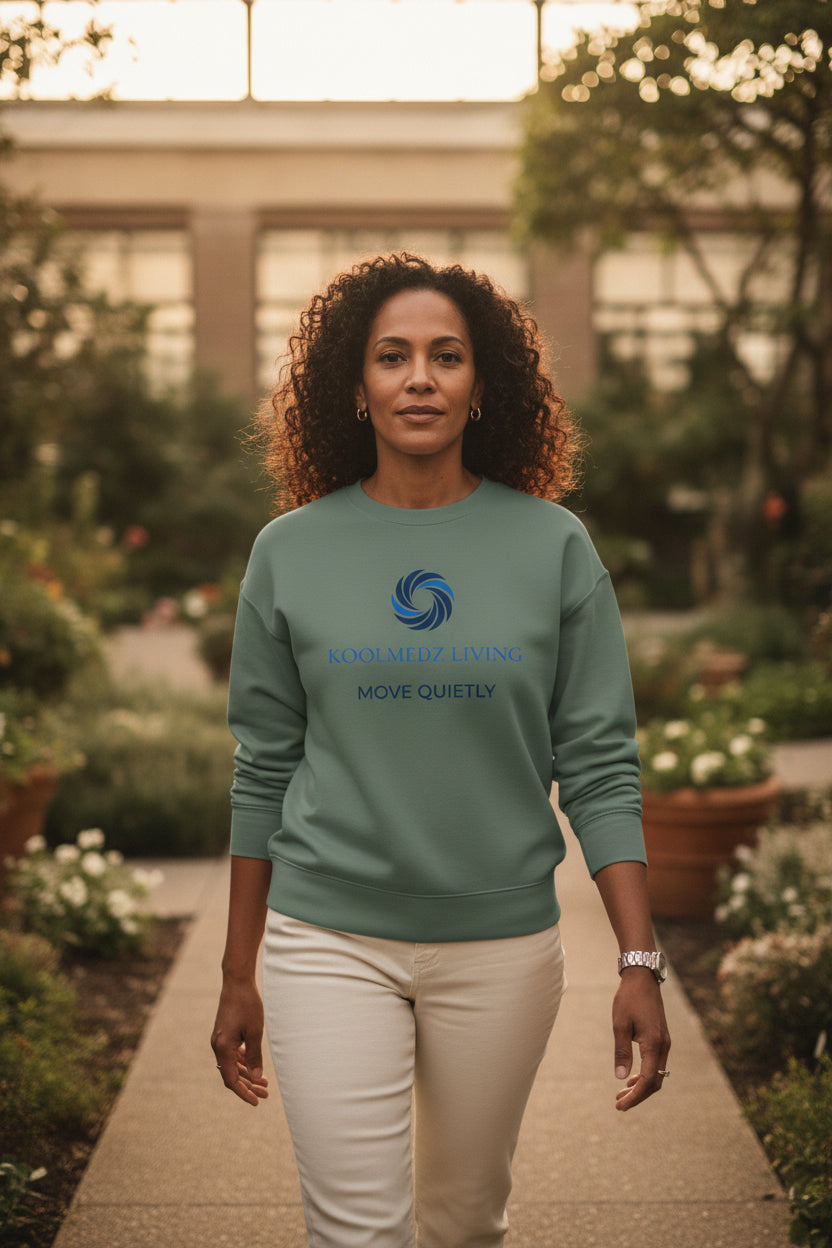 Green crew neck sweatshirt with long sleeves and front logo graphic