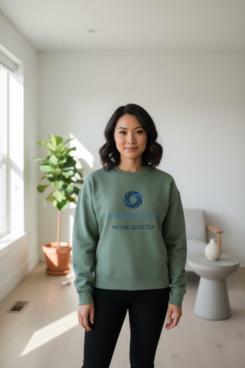 Women's organic crew neck sweatshirt, muted green, front logo print