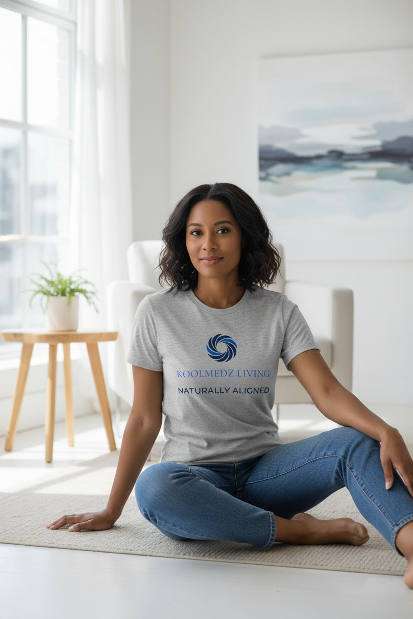 Heather grey crew-neck organic t-shirt with short sleeves and centered logo graphic