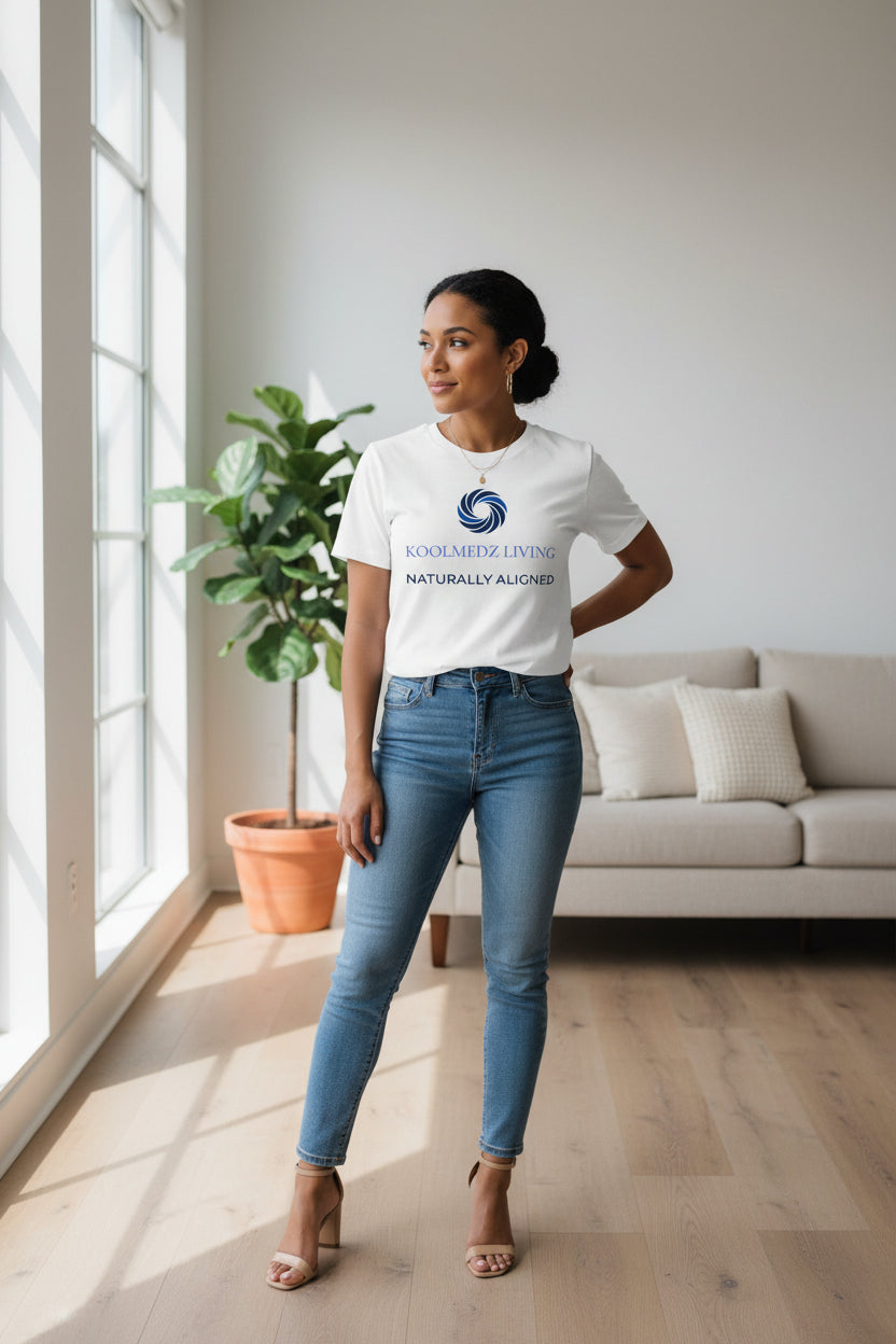 White crew-neck organic t-shirt with short sleeves, logo graphic on the chest