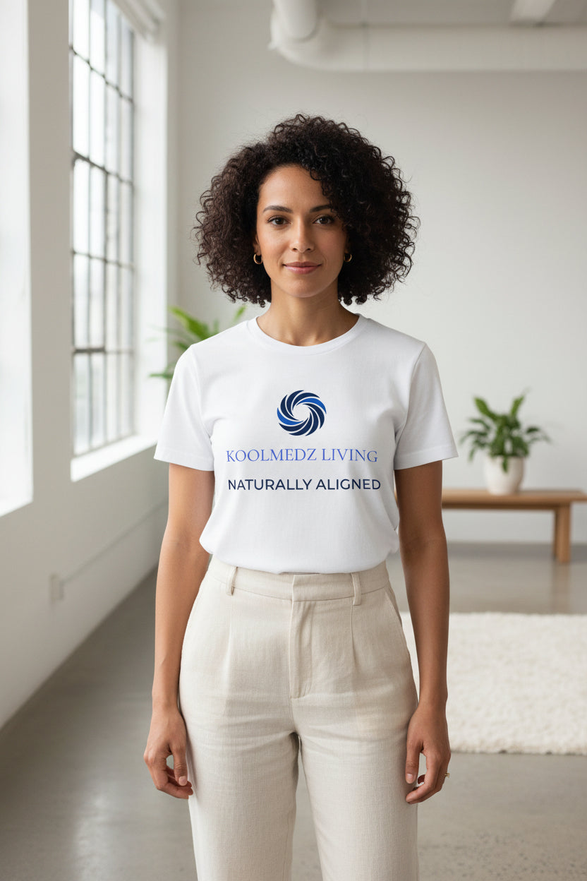 White crew-neck organic t-shirt with short sleeves and centered logo text print