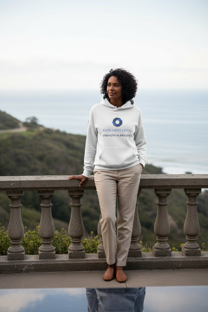 White women’s organic pullover hoodie with front logo print and hood drawstrings.