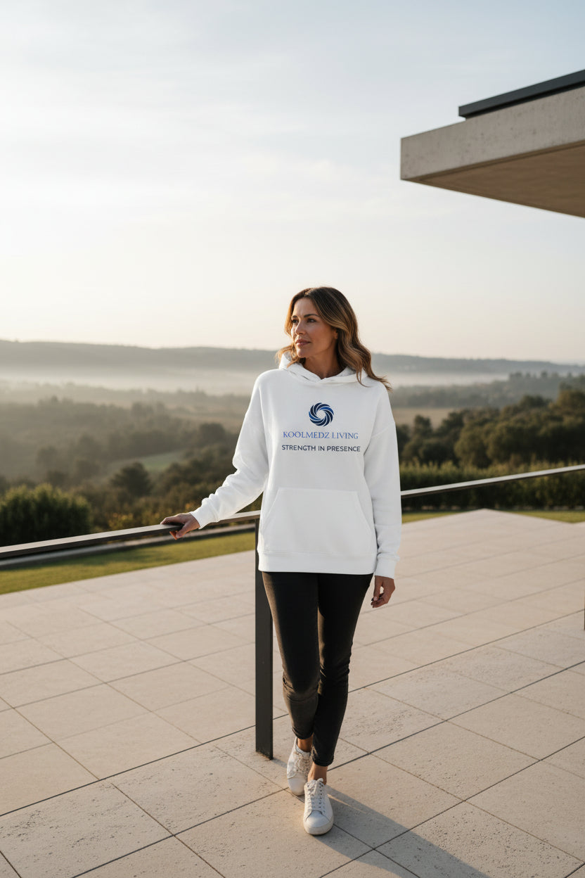 White women’s organic pullover hoodie with front logo print and kangaroo pocket.