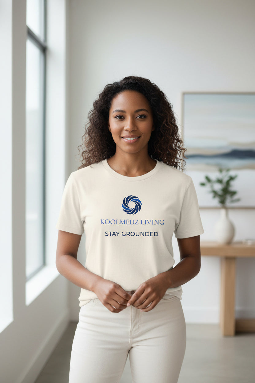 Women's relaxed t-shirt: light tan/cream, crew neck, short sleeves, front logo graphic